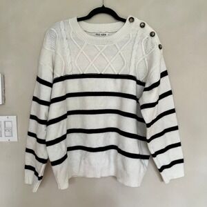 Grace Karin Women's Ivory Black Striped Cable Knit Button Shoulder Sweater XL